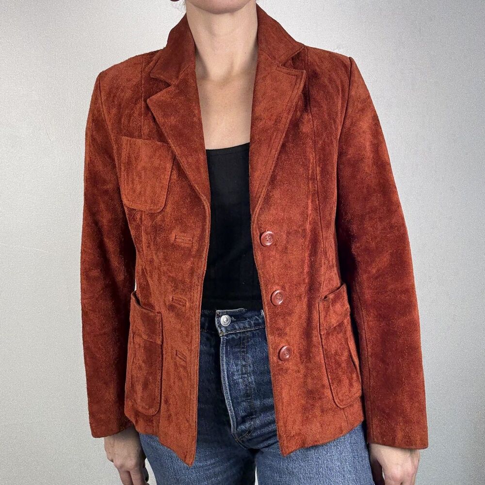 Vintage 70s Rust Orange Suede Leather Blazer Jacket Trappeur Korea - Picture 3 of 15